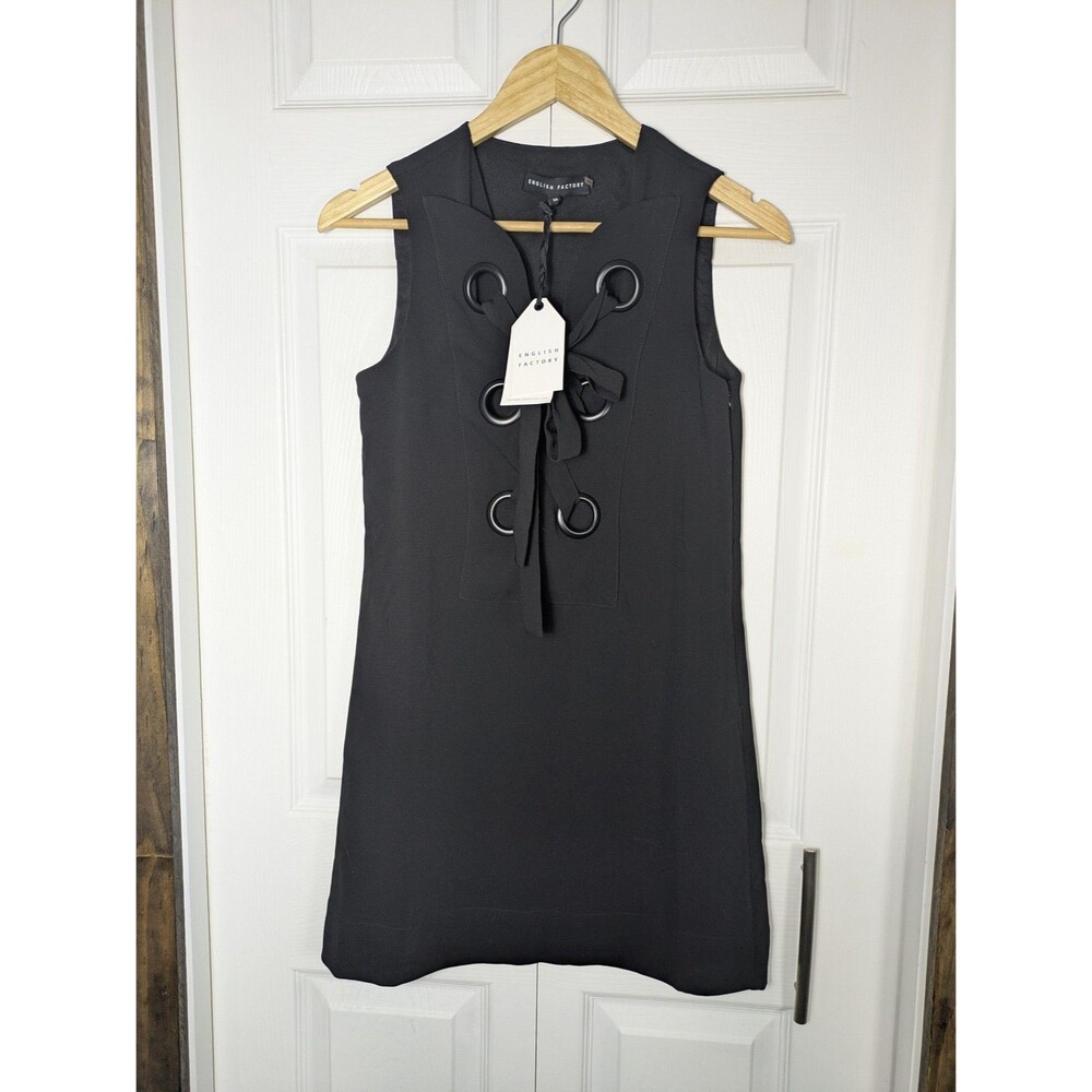 English Factory Grommet Lace Up Shift Dress Black Sleeveless Mini LBD NWT XS